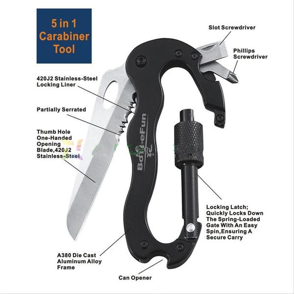 5-in-1 Multi-Tool Carabiner with Knife Latch Hooks Screwdriver Bottle Opener for Outdoor Camping Hiking Survival Gear