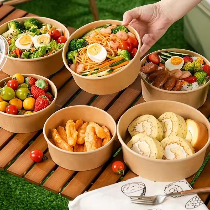 Kraft Paper Round Food Boxes with Clear Anti-Fog OPS Lids 25 Pack Heavy Duty Disposable for Food Truck Takeout Picnic Party Supplies