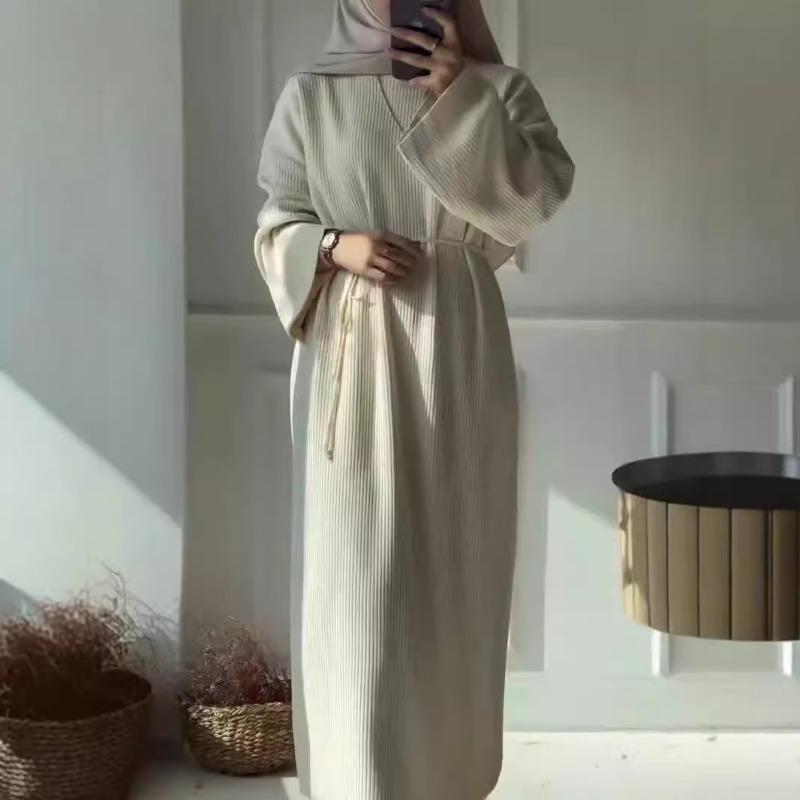 Женское платье больших размеров, новое осеннее, свободное, повседневное, с завязками, круглым вырезом и длинными рукавами