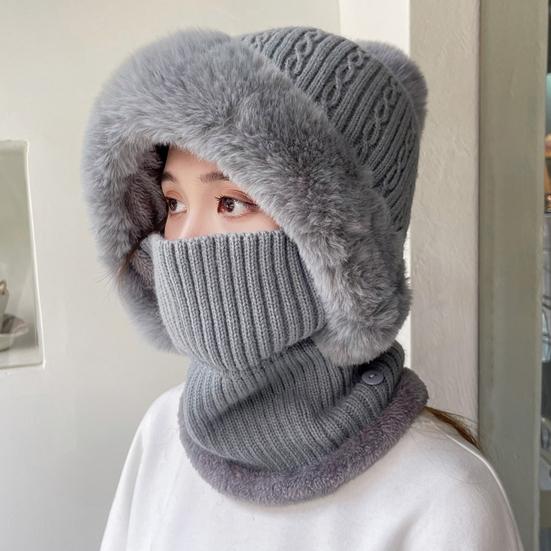 Winter Ladies Hat with Scarf Knitted Thick Plush-lined Windproof Pom-pom Hat Full Protecting Cycling Outdoor Cap Elastic Headwear