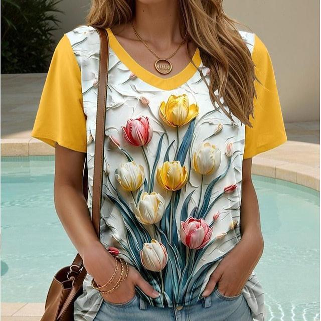 Винтажная женская футболка с цветочным принтом, с коротким рукавом, с V-образным вырезом, топы, удобные футболки