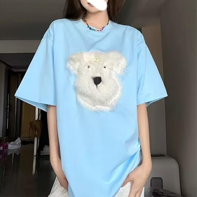 3D плюшевая собака женская футболка свободные короткие рукава женские летние топы однотонные повседневные женские футболки с круглым вырезом