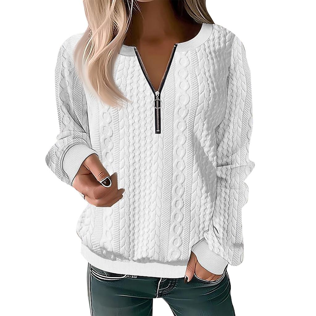 Women's Fashion Casual Zipper V-Neck Loose Long Sleeve Solid Color Sweatshirt