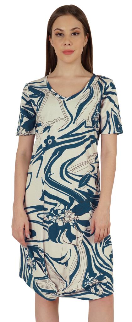 Moomaya Cotton Jersey Printed Midi Dress For Women V-Neck Summer Short Sleeves Knee Length