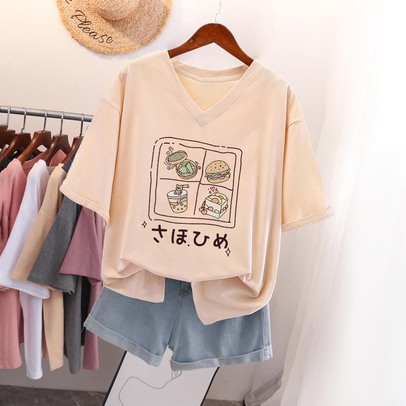 Женская футболка с коротким рукавом, большого размера, свободная и стройнящая, топ с V-образным вырезом с принтом