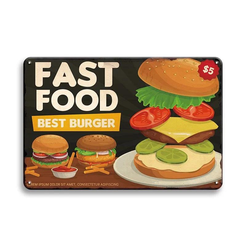 Hot Dog Fresh Hamburgers Metal Signs BBQ Vintage Posters Home Kitchen Wall Decor Iron Plate Painting Fast Food Shop Plaques