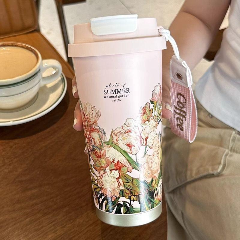 Spot hot sale Lily of the Valley coffee cup stainless steel thermos cup high value double drink straw cup logo