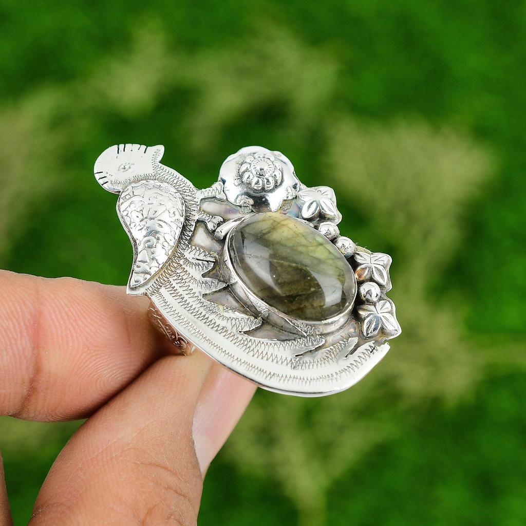 Natural Labradorite Gemstone Promise Bird Adjustable Ring 925 Silver For Women
