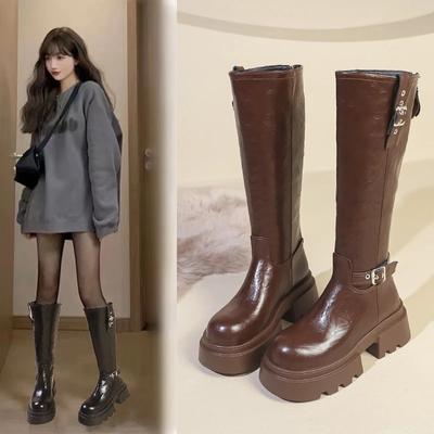 Ботинки на платформе, женские, на молнии, с пряжкой, на каблуке, винтажная мода, повседневная, роскошная, дизайнерская, в стиле вестерн, ботинки до середины голени, женская обувь