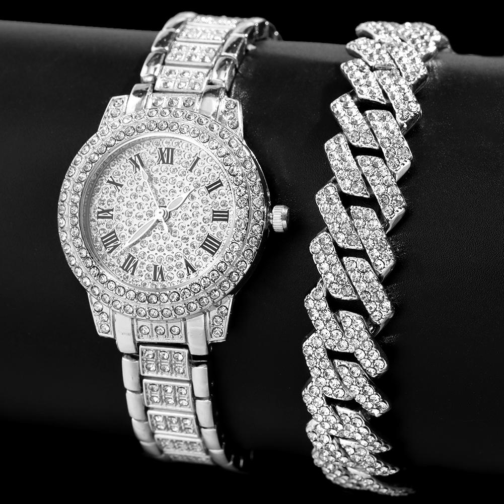 Мужской браслет-цепочка в стиле хип-хоп с кубинскими звеньями и наручными часами, блестящая цепочка со льдом, полный горный хрусталь, хрустальные браслеты, ювелирные изделия