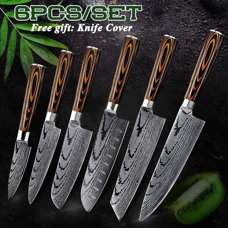 6 Pcs Damascus Laser Pattern Stainless Steel Kitchen Knife Set Kitchen Stuff Chopping Knife Fruit Cutter