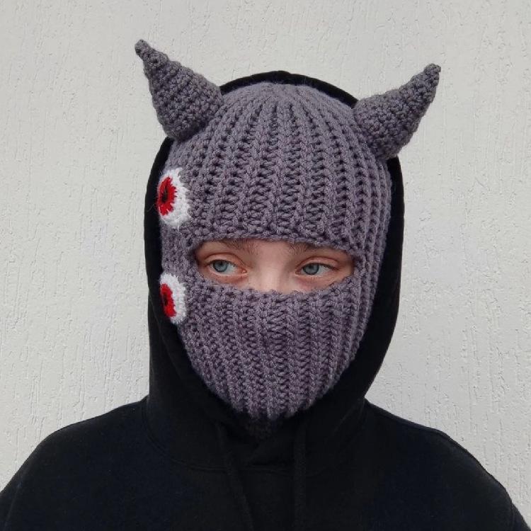 Y2K Style Crochet Halloween Party Cow Horn Parent-Child Ski Mask Hat