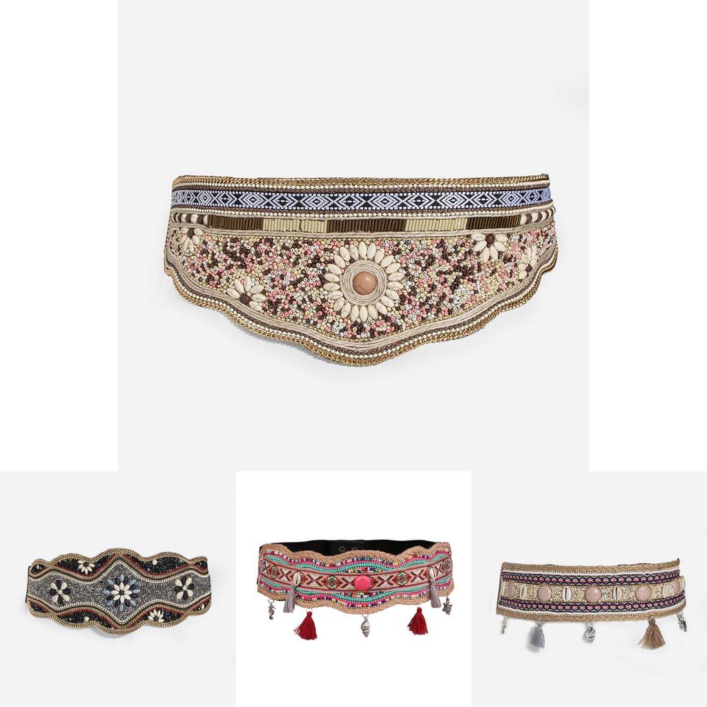 Boho Chic Beaded Wide Waist Belt With Geometric Design For Festival And Casual Wear