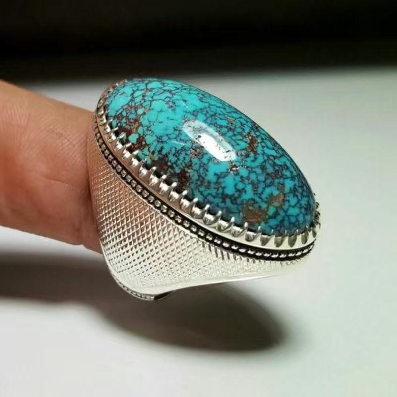 Vintage Inlaid Imitation Turquoise Women's Ring Trendy Silvery Color Geometry Daily Wear Party Jewelry Anniversary Gift
