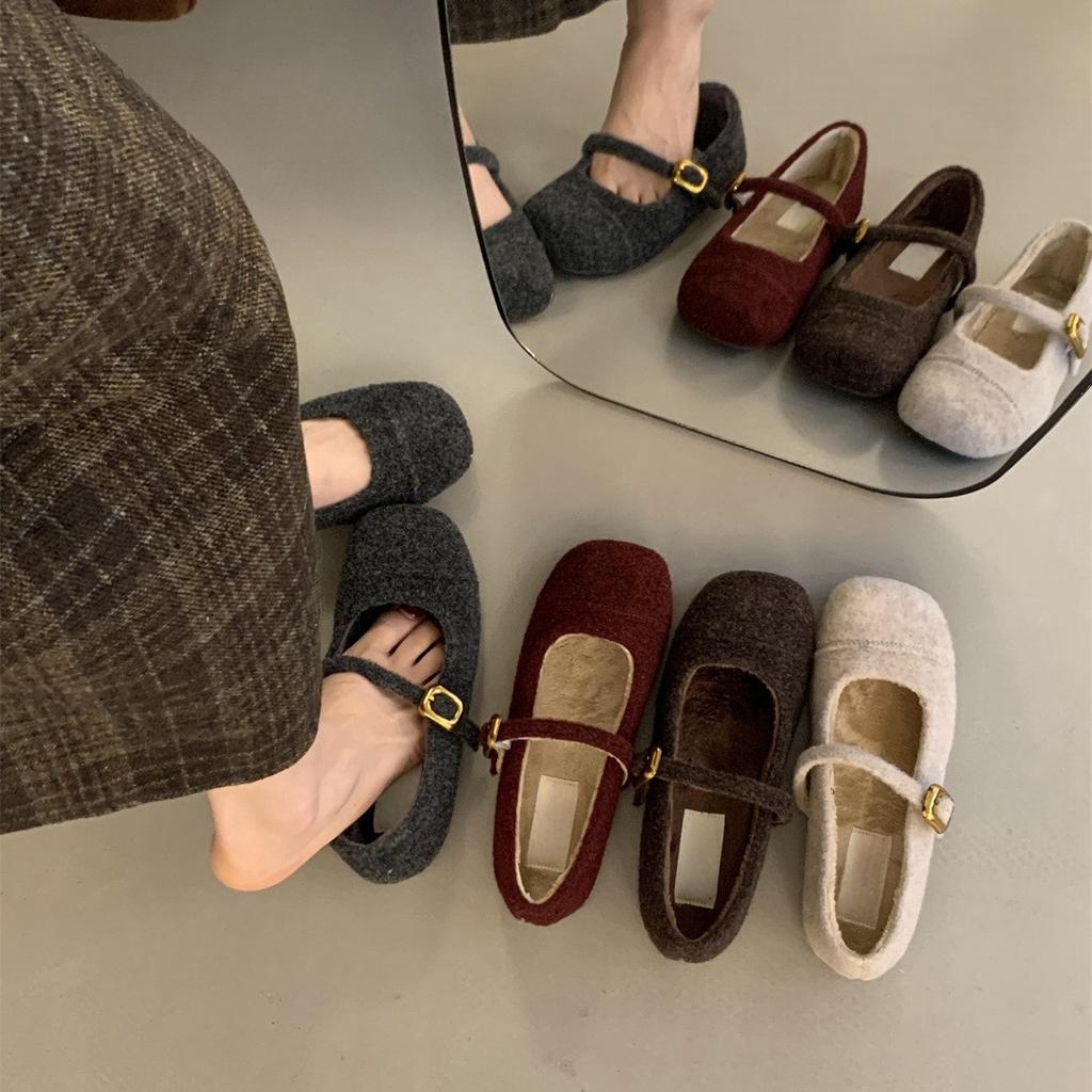 Женская зимняя обувь Мэри Джейн, повседневные нескользящие туфли на плоской подошве с ремешком на щиколотке, офисные туфли на плоской подошве, флисовые туфли Мэри Джейн с квадратным носком для женщин