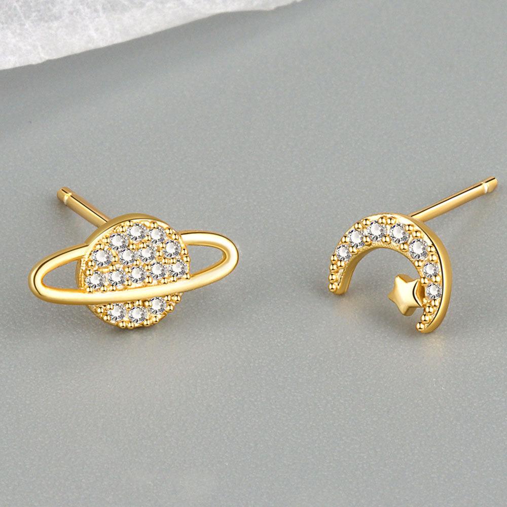 Niche Asymmetric Moon And Planet Stud Earrings For Women Elegant Personality Versatile Ear Jewelry