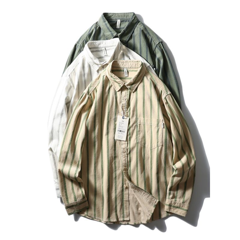 Japanese-Style Retro Pure Cotton Stripes Corduroy Shirt Men Long Sleeves Spring and Autumn Coat Export Men's Casual Shirt