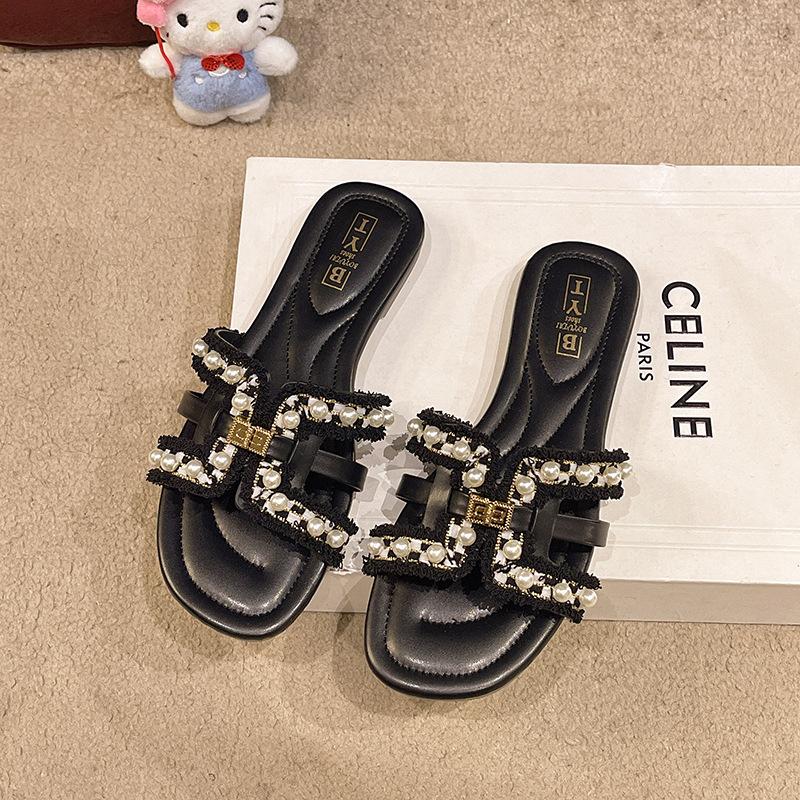 Летние новые тапочки на плоской подошве Xiaoxiangfeng, женские, для весны, с мягкой подошвой, фея, универсальные, жемчужные, пляжные сандалии