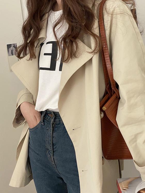 Пальто цвета хаки для женщин - весна 2024 г., корейский стиль, короткий дизайн в британском стиле, маленькие размеры