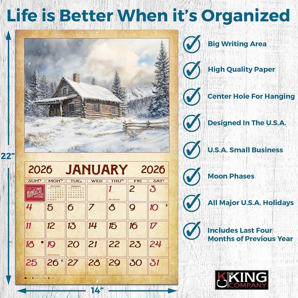 2026 Vintage Log Cabin Wall Calendar 16-Month X-Large Size 14x22, Retro Rustic Cabin Calendar by The KING Company-Monster Calendars
