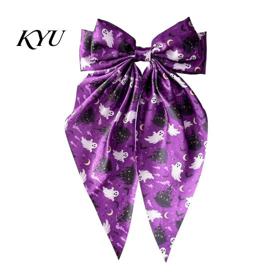 Trendy Satin Hair Bows Large Halloween for Women Girls, Vintage Ribbon Barrette Clips with Long Non-slip Spring Tails, Ghost/Pumpkin/Blood Mouth Print