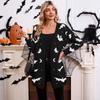 Women's V Neck Long Sleeve Halloween Bat Print Loose Fit Commuter Knit Cardigan