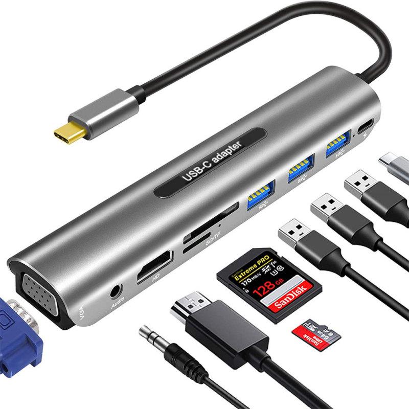 Адаптер USB-концентратора 9-в-1 с 4k HDMI-совместимым Vga 100 Вт Pd 3 USB-портами Аудиоразъем 3,5 мм Карта SD/TF