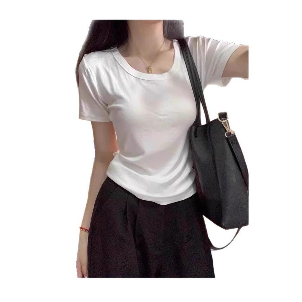 Women's White Slim Fit U-Neck Cotton T-Shirt, 2025 Style Summer Short Sleeve Top