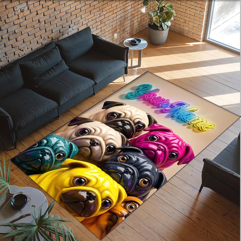 Pug Theme Crystal Velvet Floor Rug Personalized Custom Name Text Warm Carpet Home Decoration