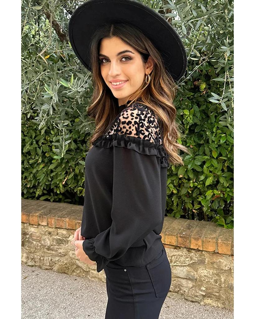 Azura Exchange Black Leopard Mesh Splicing Ruffle Long Sleeve Blouse