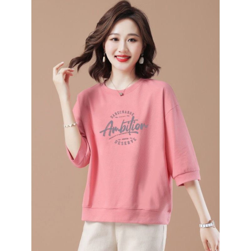 Foreign Trade Clearance 100% Cotton round Neck T-shirt 3/4 Sleeve Loose Slimming Cover Meat Western Style Light Color Spring and Summer Women's Top