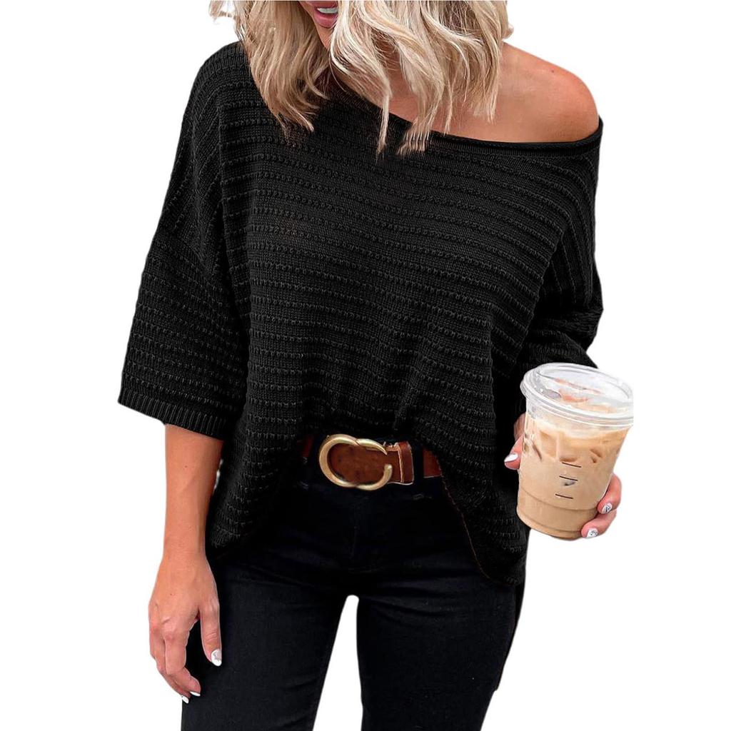 Women's Fashionable Sweater Solid Color Round Neck Off Shoulder Loose Knit Sweater
