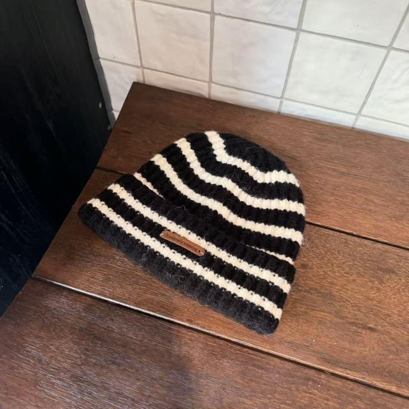 Japanese striped versatile wool hat women's autumn and winter hat trendy loose ear protection warm knitted couple Korean version hat
