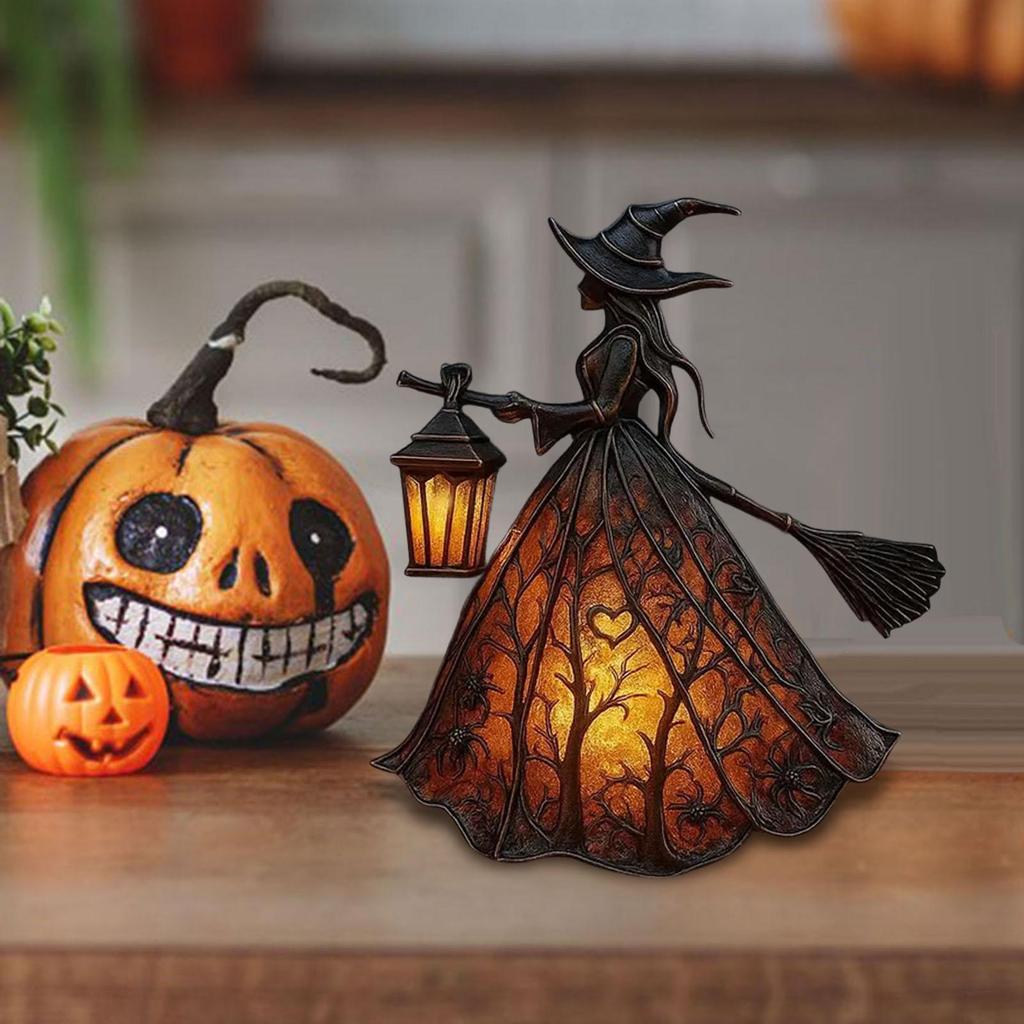Хэллоуинская лампа ведьмы, Готический жуткий декор ведьмы с фонарем, Уникальная настольная лампа-фигурка для украшения, Стоящий ночник для домашней вечеринки