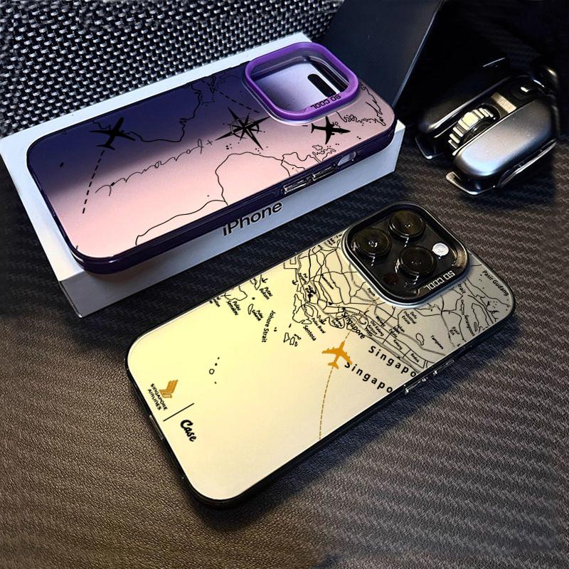 Чехол для телефона iPhone 16 15 14 13 12 11 Pro Max 7 8 Plus XS XR X с дизайном в виде маршрута самолета, гальванизированный серебристый
