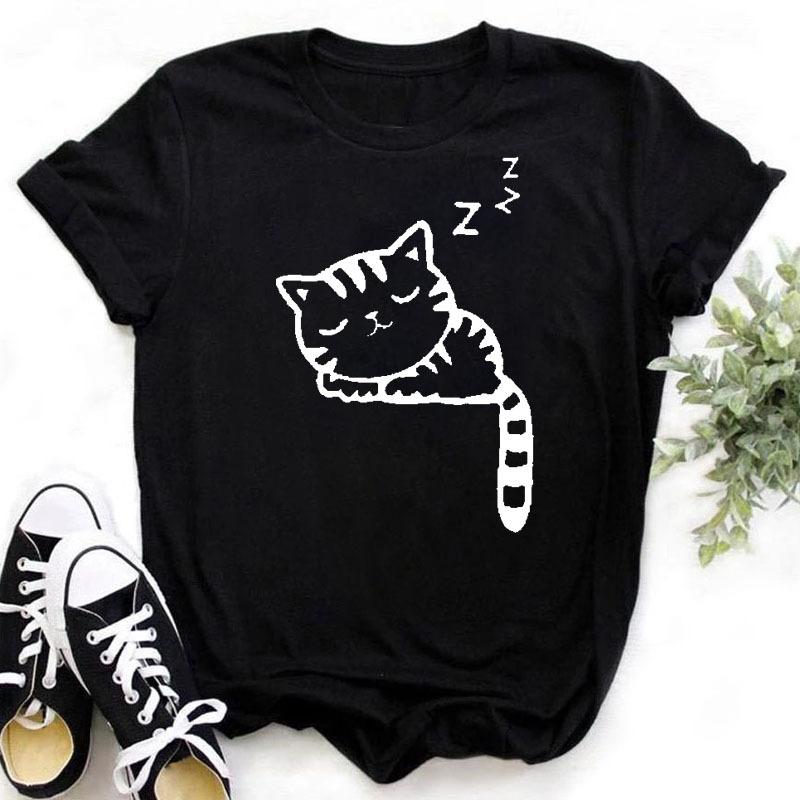 100% Polyester Women's Summer Casual Top with Cute Cat Dog Paw Print round Neck Short Sleeve T-shirt Fashion High Street Style gift