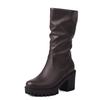 Fashion Fashion Classic Lady Winter Mid Calf Solid Boots Brand High Heel Boots Women Block Heel Platform Round Toe Shoes Woman Black