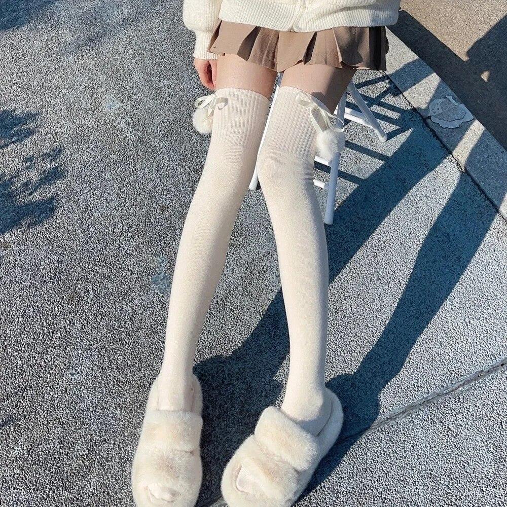 Autumn Winter Women Stockings Wool Cashmere Ball Thermal Long Socks Women Thigh High Stocking Girls Cute Kawaii Thigh High Socks