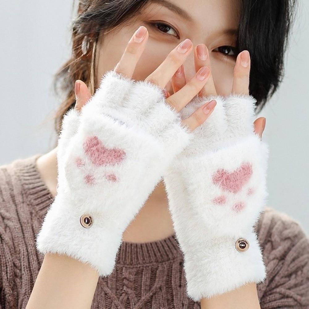 Soft Half Finger Gloves Thicken Warm Plush Mittens Cute Cat Paw Gloves Winter Season