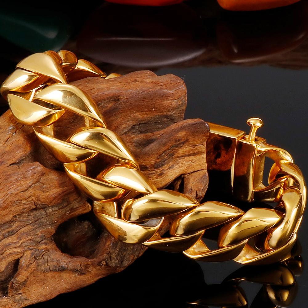 Роскошный мужской браслет из нержавеющей стали цвета золота, который никогда не тускнеет, с кубинским плетением, высоко полированный, модный мужской аксессуар в стиле хип-хоп