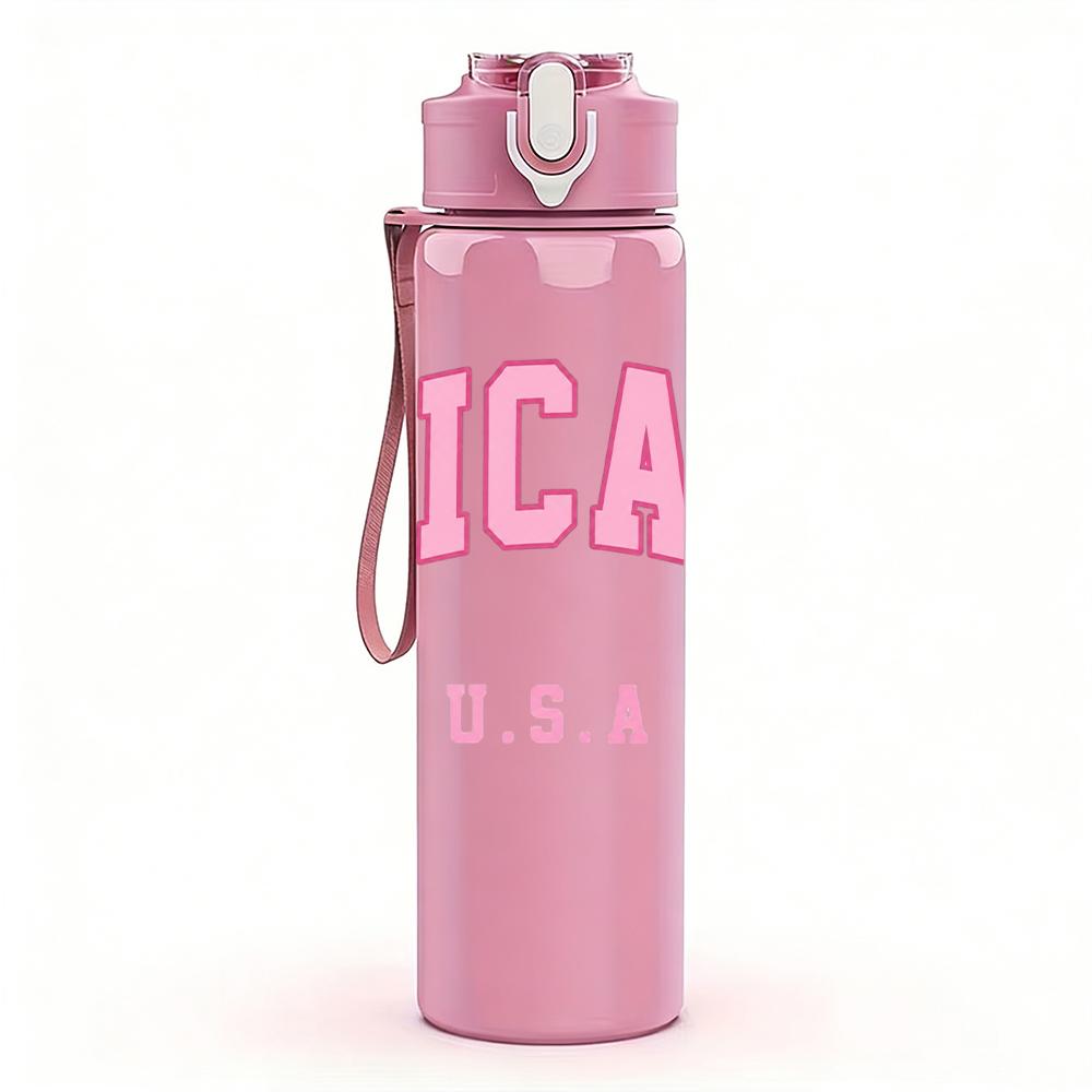1PC Chicago USA Pink Bold Letter 750ml Color Plastic Sports Water Bottle Leakproof Flip Straw Lid Suitable for Sports Office Home Use