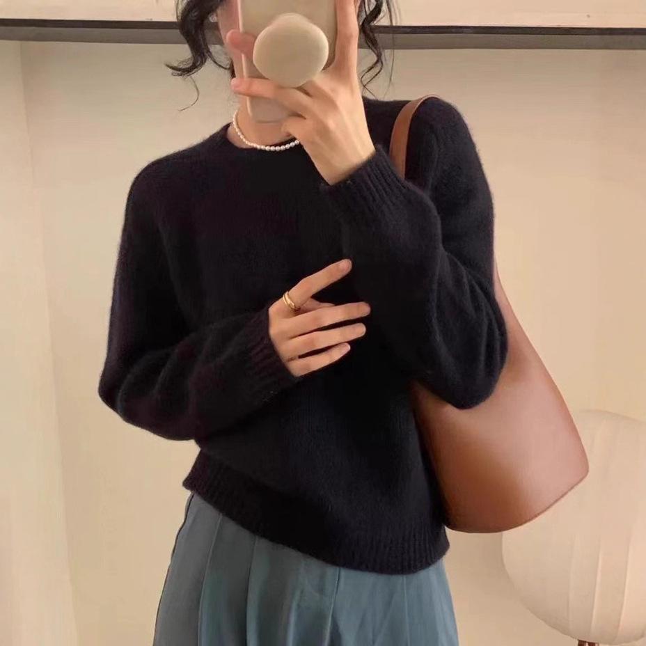 Ретро Ленивый Стиль Однотонный Свитер с Круглым Вырезом Женский Осень Зима Свободный Пуловер Вязаный Топ