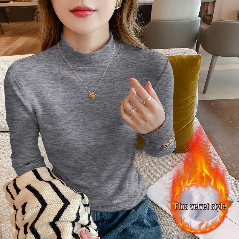 Осень 2025 Большой размер Приталенный Топ-база с длинным рукавом Свободный для женщин с воротником-стойкой