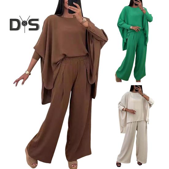 2 шт./комплект женский топ брюки костюм круглый вырез нерегулярный подол рукава летучая мышь однотонная блузка эластичная талия широкие брюки повседневная одежда для поездок на работу