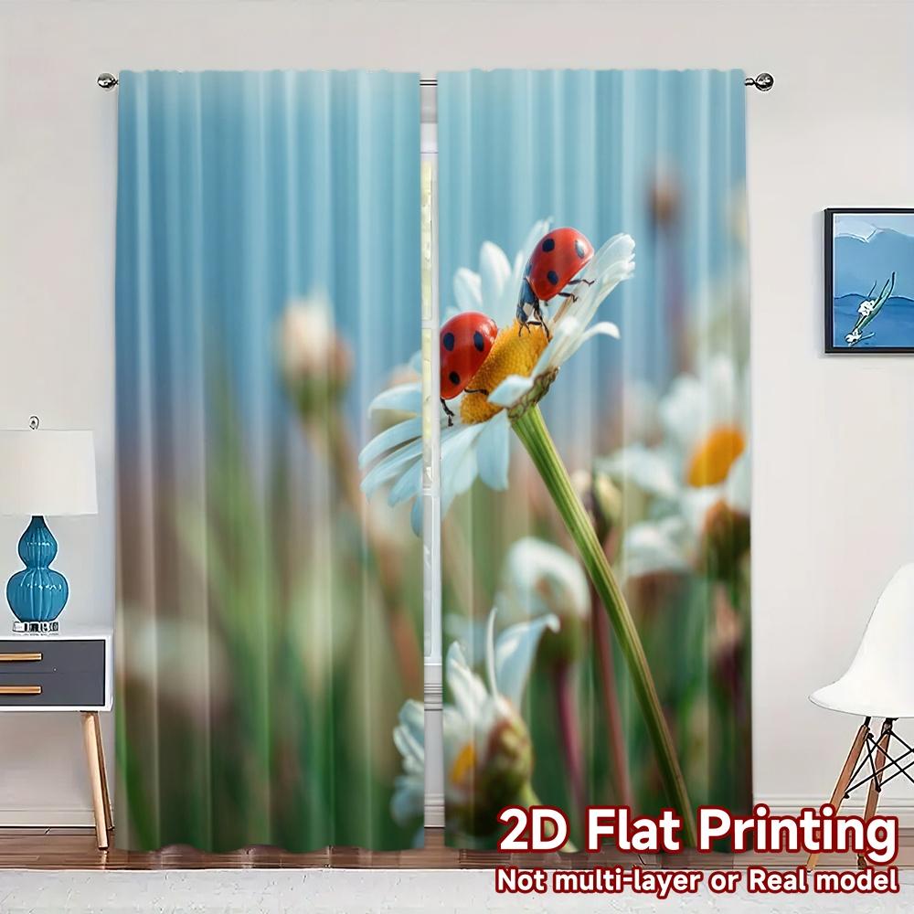 2pcs, 2D FLAT PRINTING Curtains (Without Rod Ladybugs Bloom Modern Window Curtain Polyester Curtains Festive Perfect for