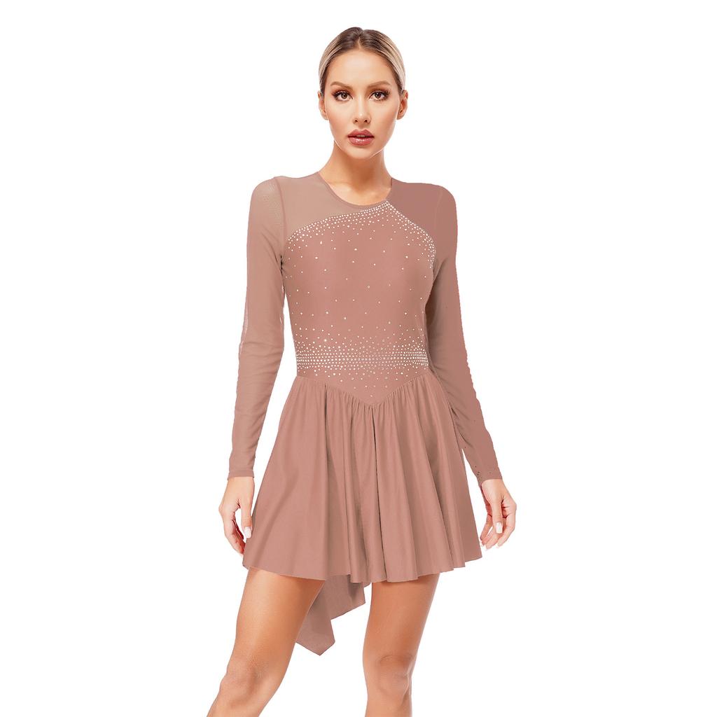 Женское платье для фигурного катания с блестящими стразами, вырезом на спине, контрастной расцветкой, прозрачной сетчатой отделкой в стиле пэчворк и длинными рукавами, для выступлений