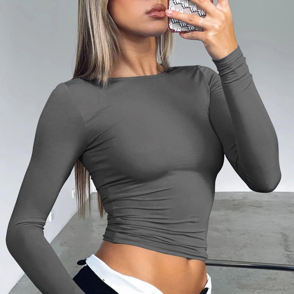 Женская одежда с круглым вырезом, уличная одежда, тонкие дышащие футболки с длинными рукавами, облегающие укороченные топы с подкладкой, сплошной цвет