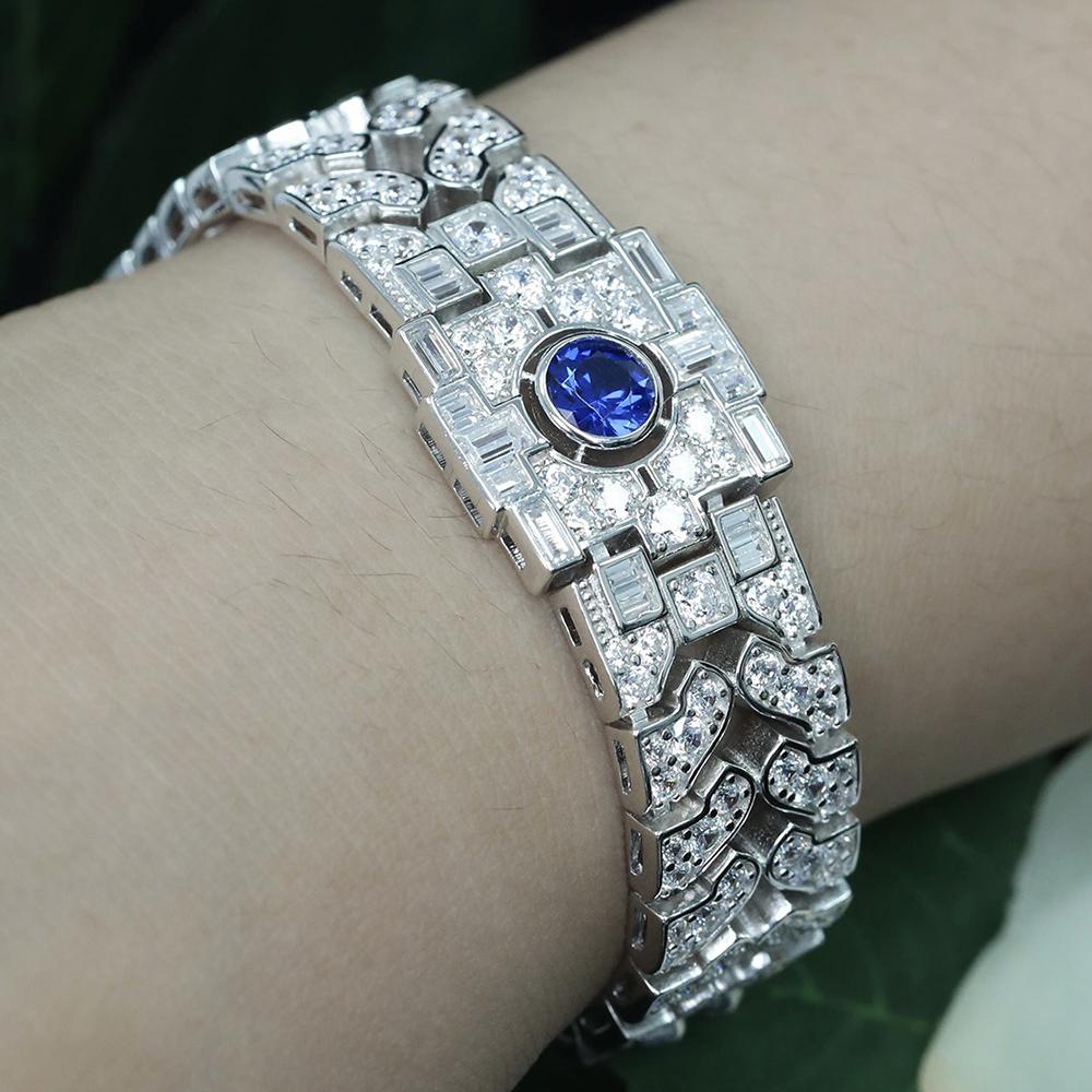WUIHA Vintage 925 Sterling Silver Lab Sapphire High Carbon Diamonds Gemstones Bracelet Bangle Cocktail Fine Jewelry Wholesale