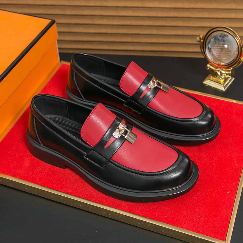 Men's Shoes Spring Dress Business Leather Shoes Men's Casual Leather Shoes Golden Lock Wedding One Pedal Loafers