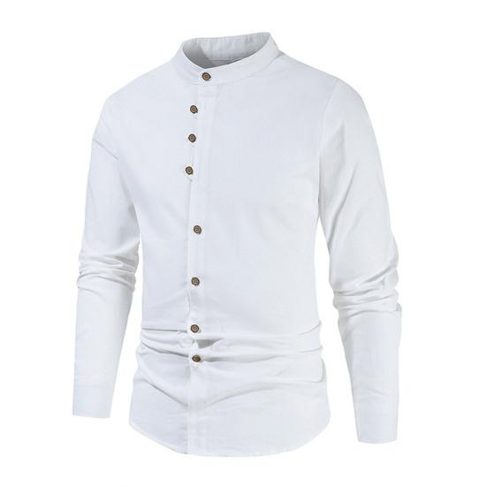 Мужская льняная рубашка, повседневная, с длинным рукавом, на пуговицах, однотонная, мужская, пляжная, с воротником-стойкой, летняя рубашка